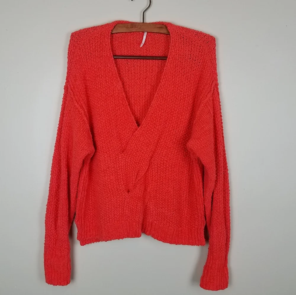 Free People Coco V-neck Cozy Soft Oversized Orange Chunky Knit Sweater - Picture 2 of 10